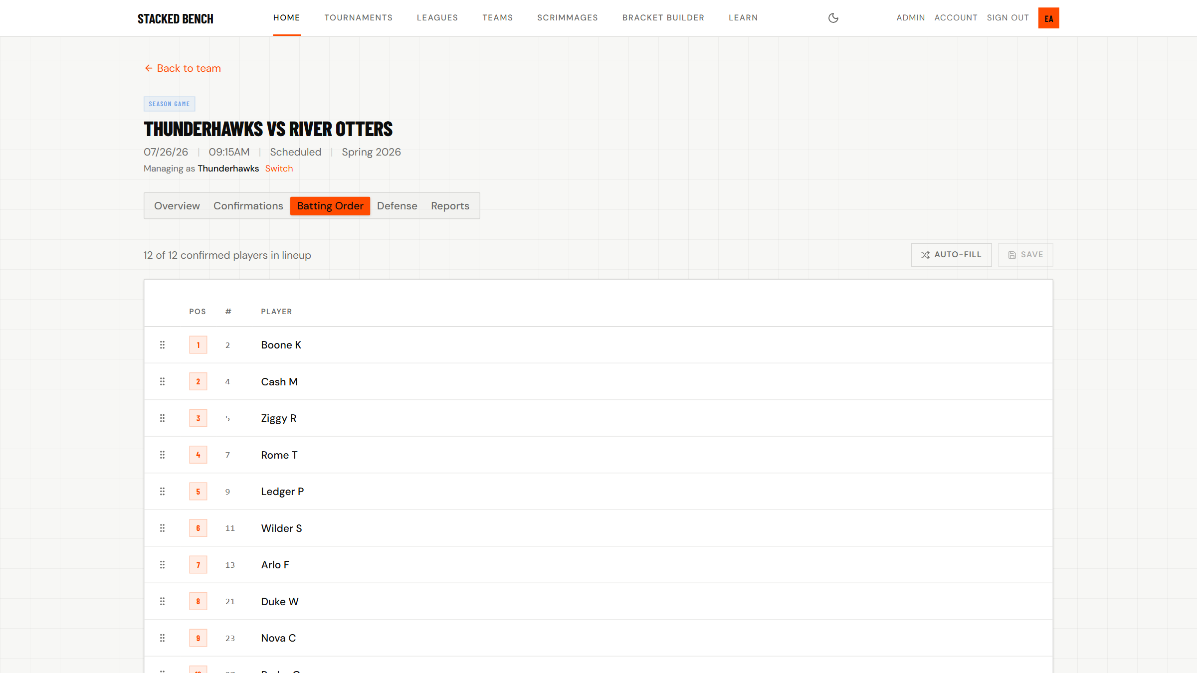Batting order tab with drag handles