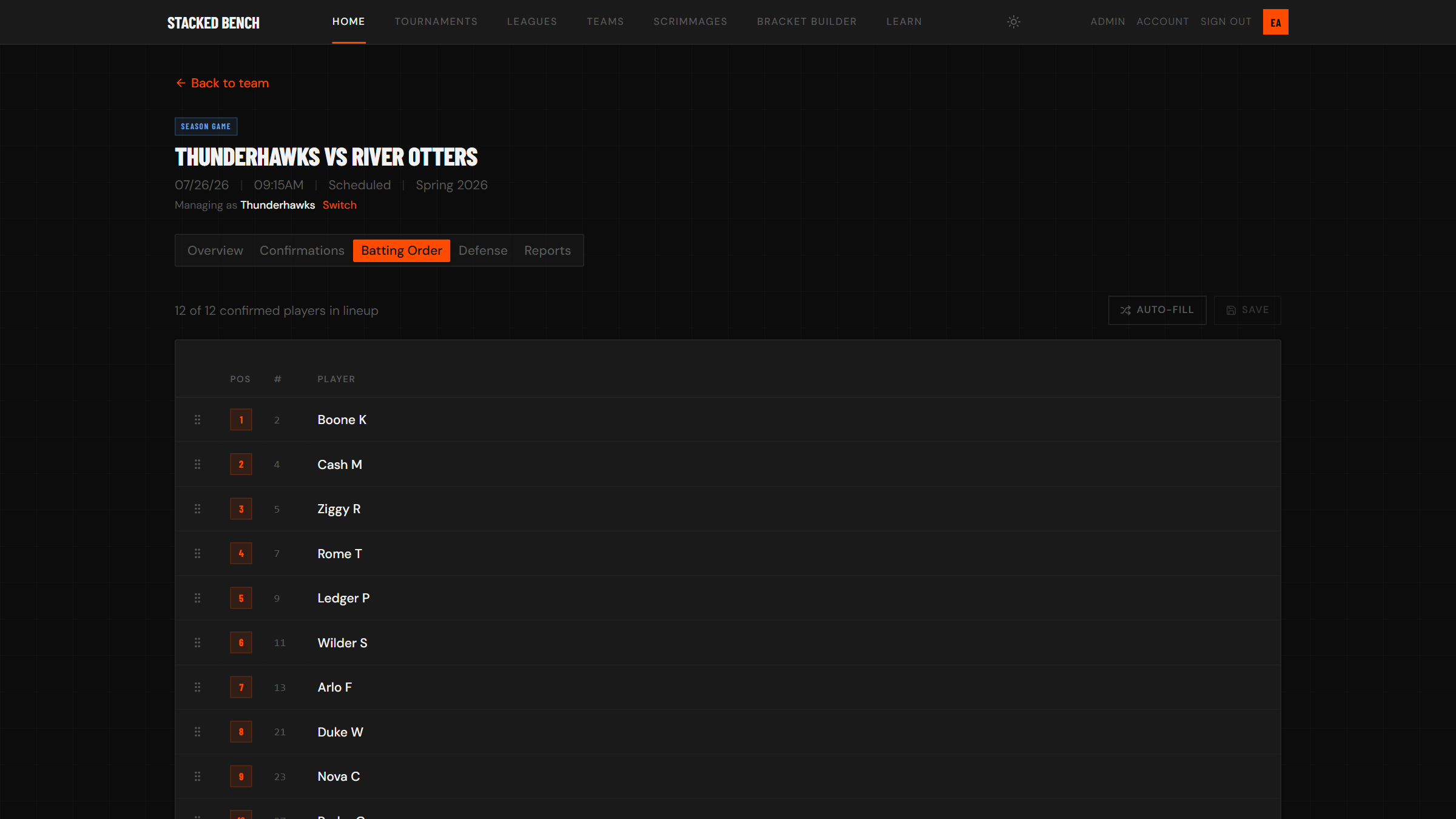 Batting order tab with drag handles