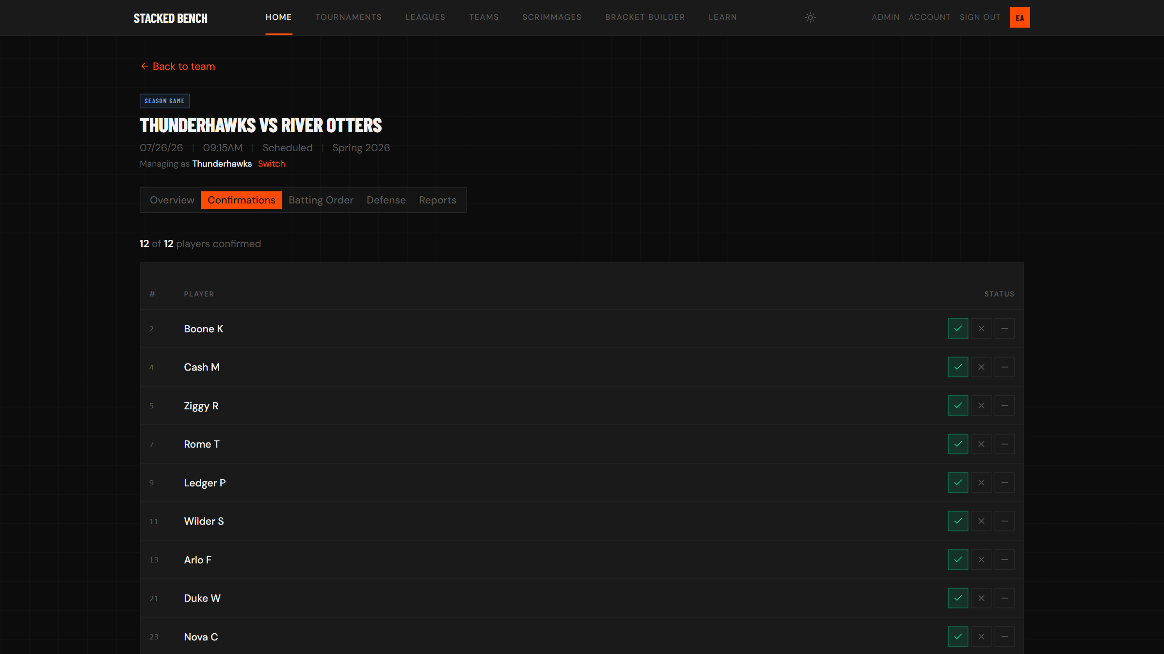 Game confirmations tab
