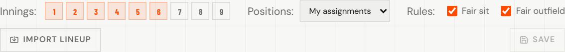 The Defense tab controls: innings, the Positions dropdown, fairness rules, and Import lineup