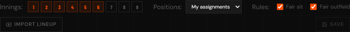 The Defense tab controls: innings, the Positions dropdown, fairness rules, and Import lineup