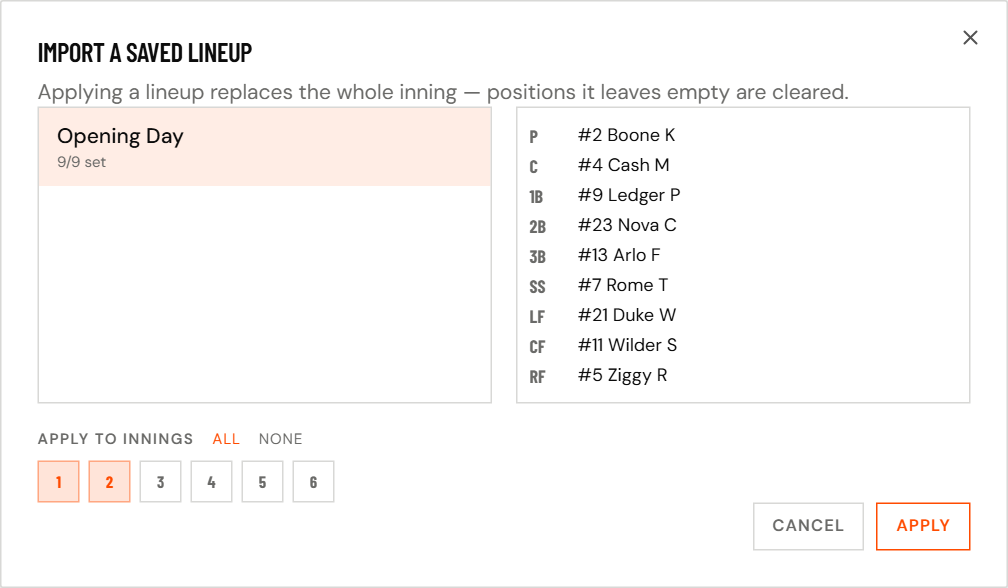 The Import a saved lineup dialog with a lineup selected and innings chosen