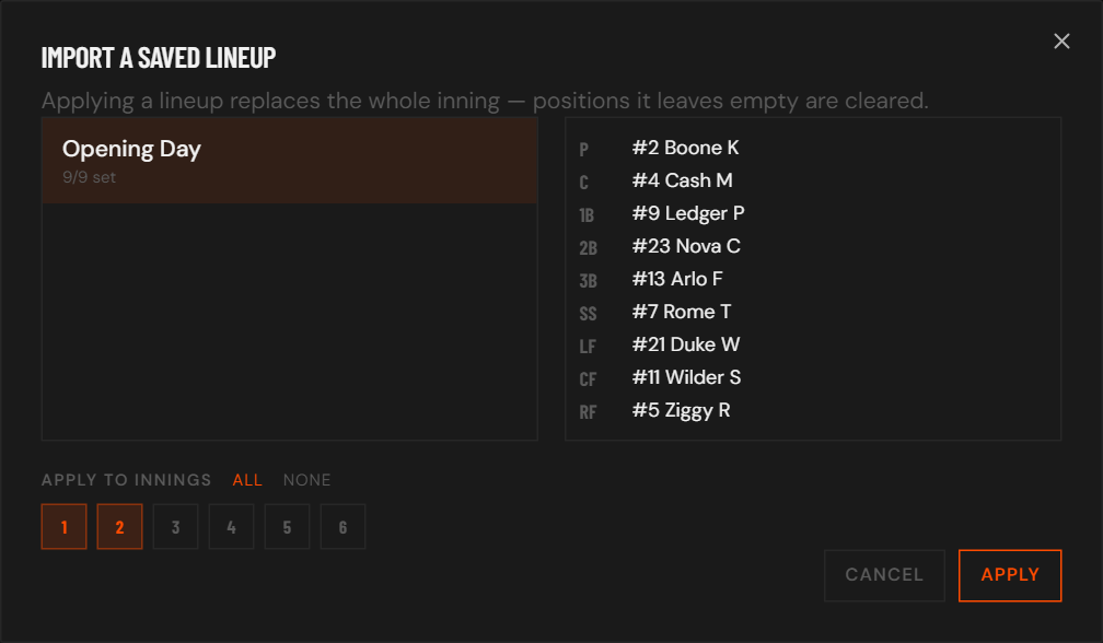 The Import a saved lineup dialog with a lineup selected and innings chosen