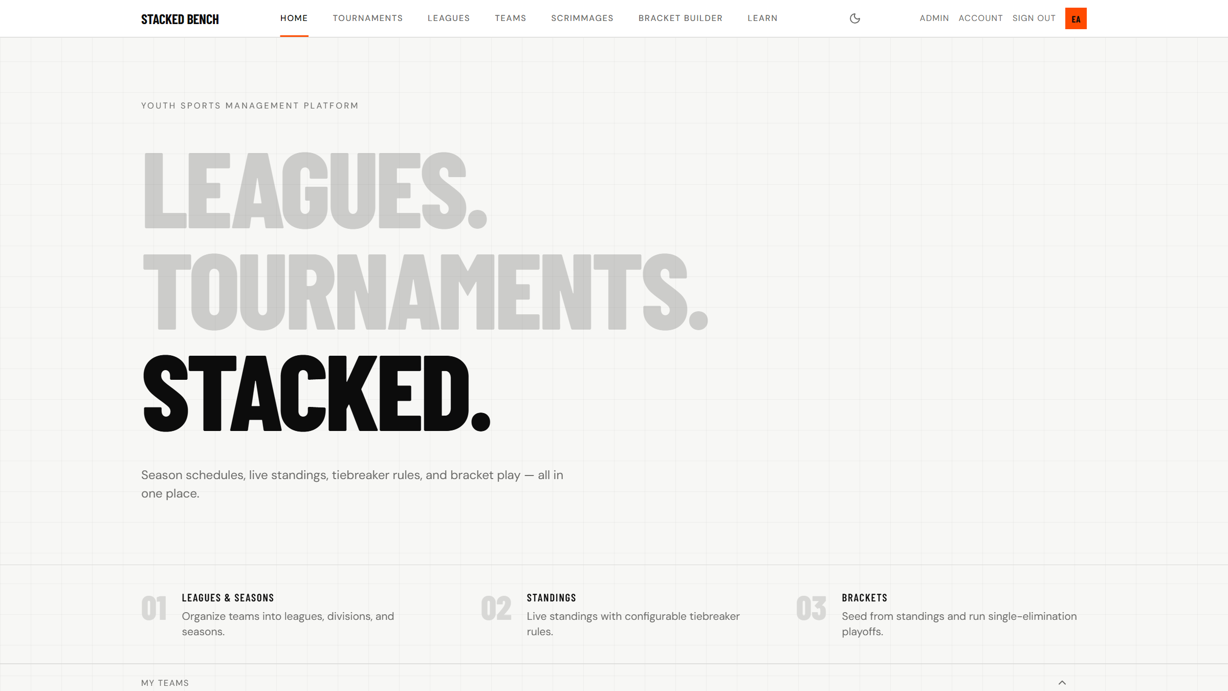 The home page with followed teams and leagues