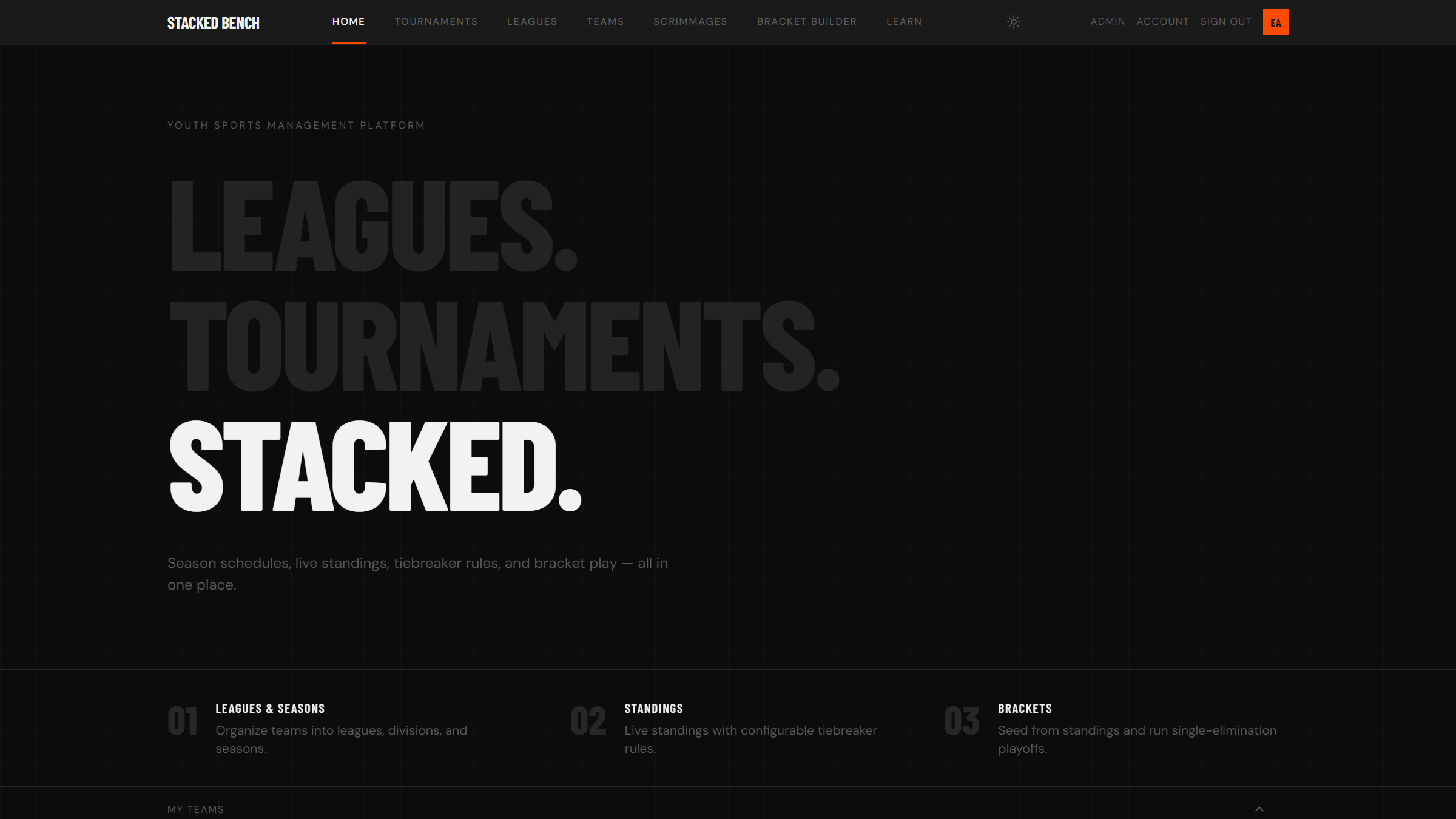 The home page with followed teams and leagues