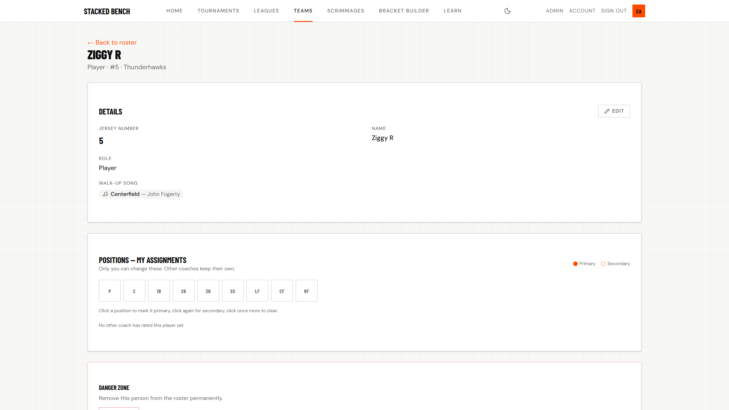A player's page with primary and secondary positions selected
