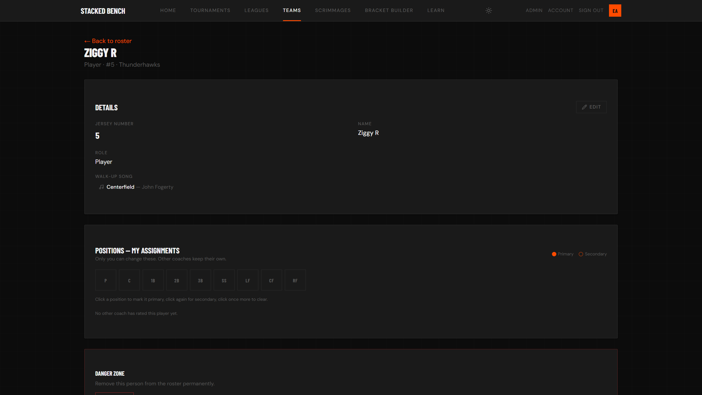A player's page with primary and secondary positions selected