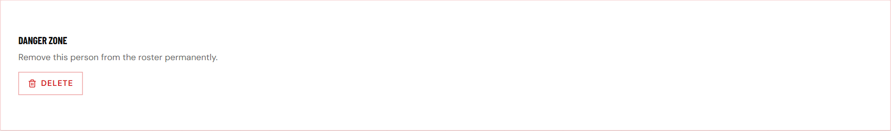 The Danger Zone card on a player's page with a Delete button