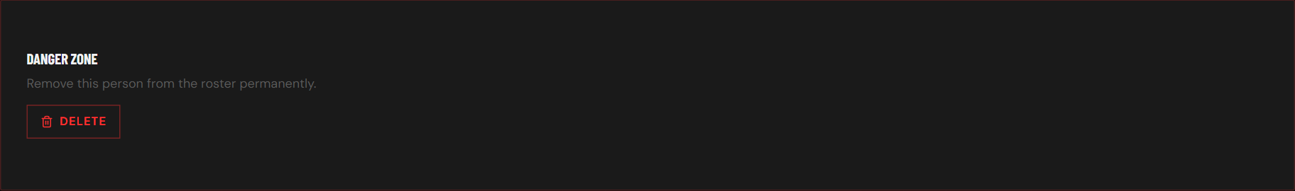 The Danger Zone card on a player's page with a Delete button