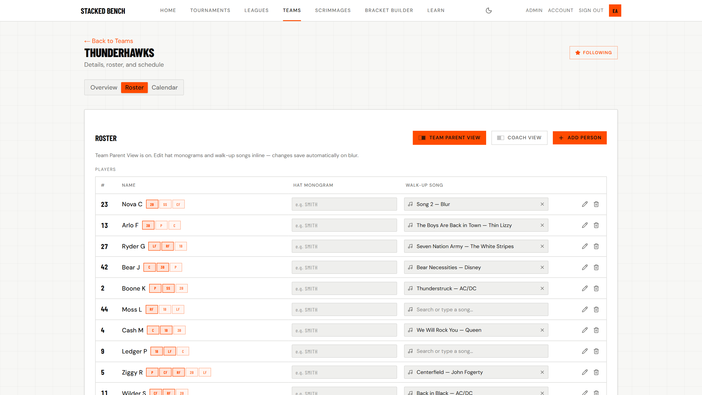 The roster with Team Parent View on, showing hat monogram and walk-up song columns
