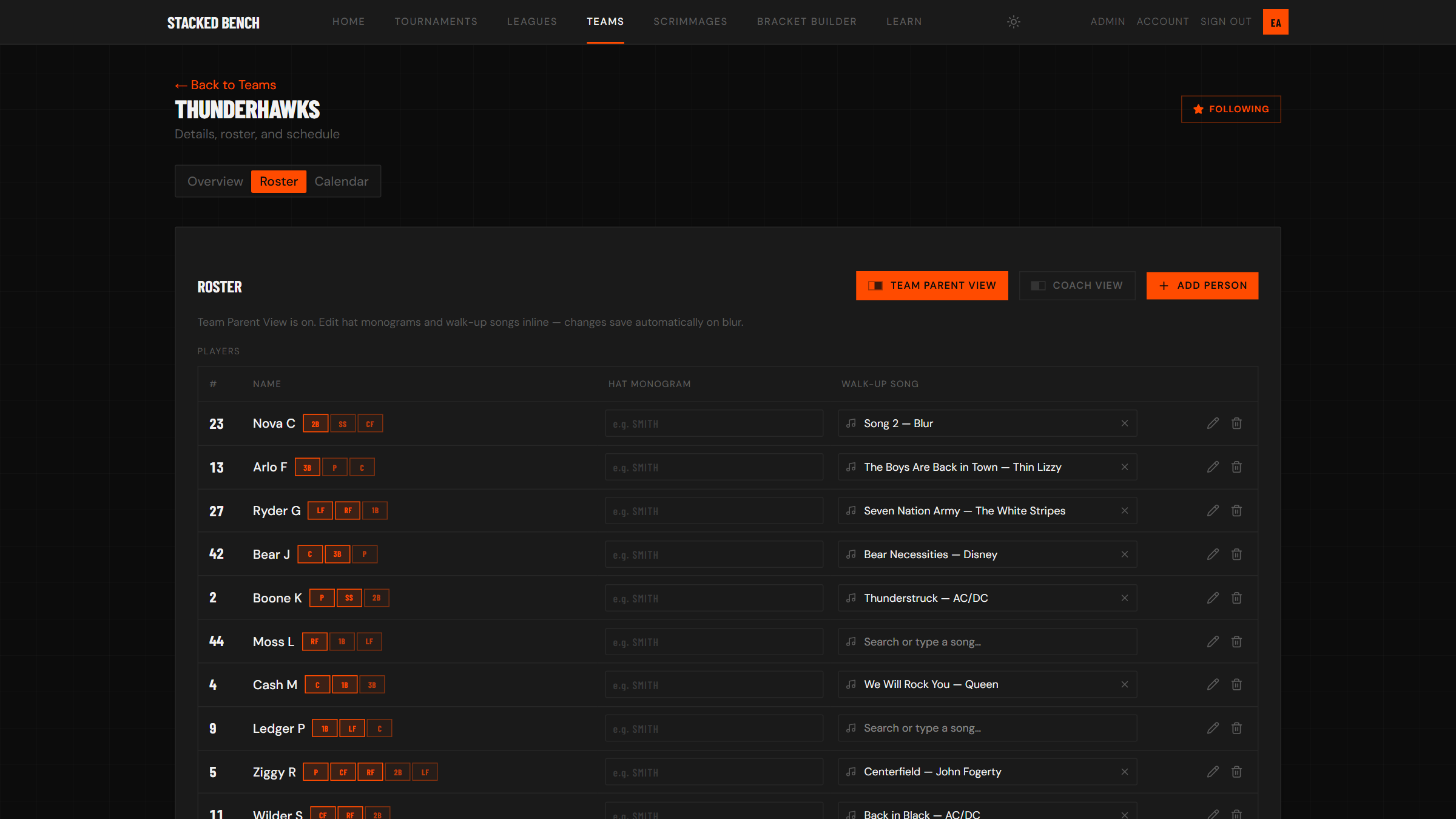 The roster with Team Parent View on, showing hat monogram and walk-up song columns