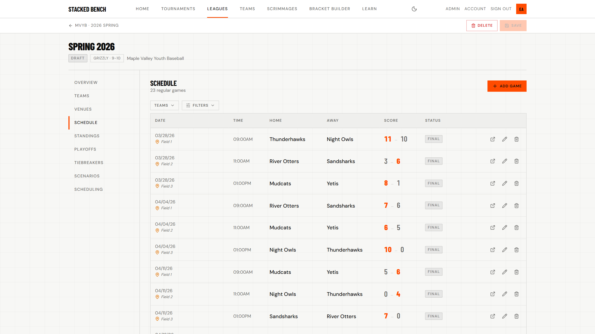 Season schedule tab