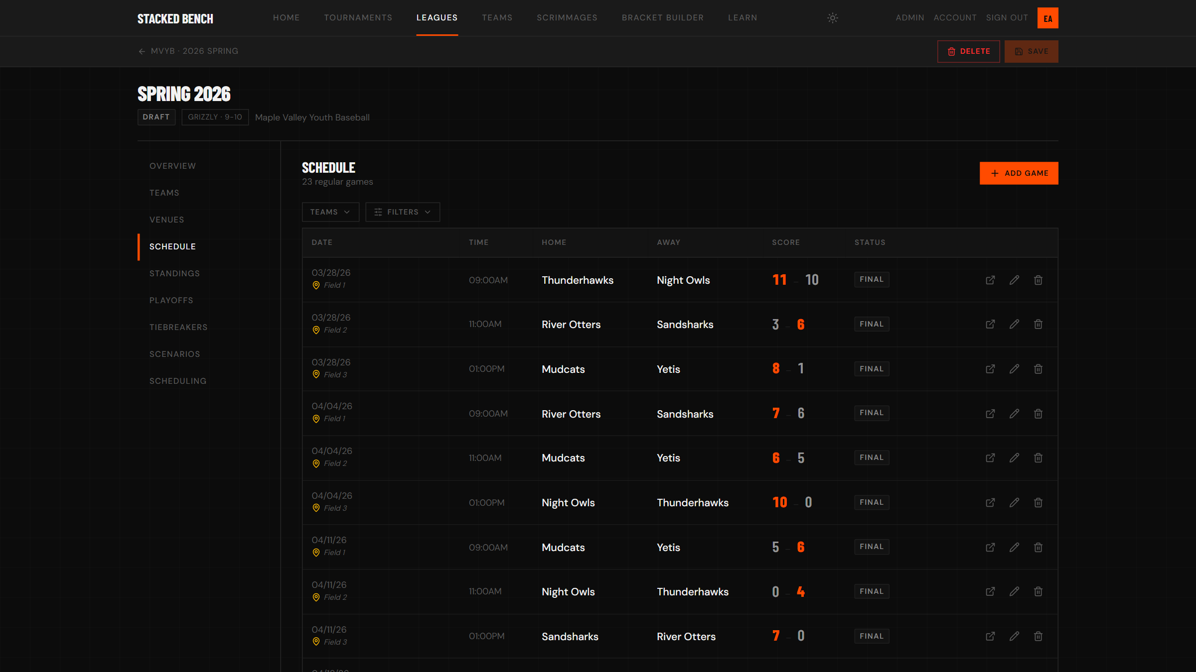 Season schedule tab