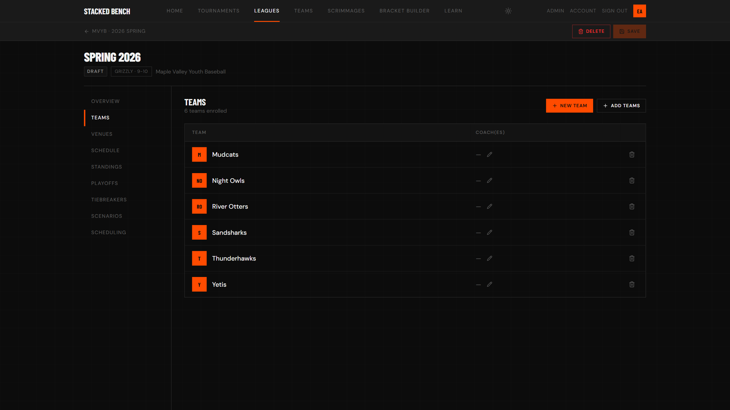 Season teams tab